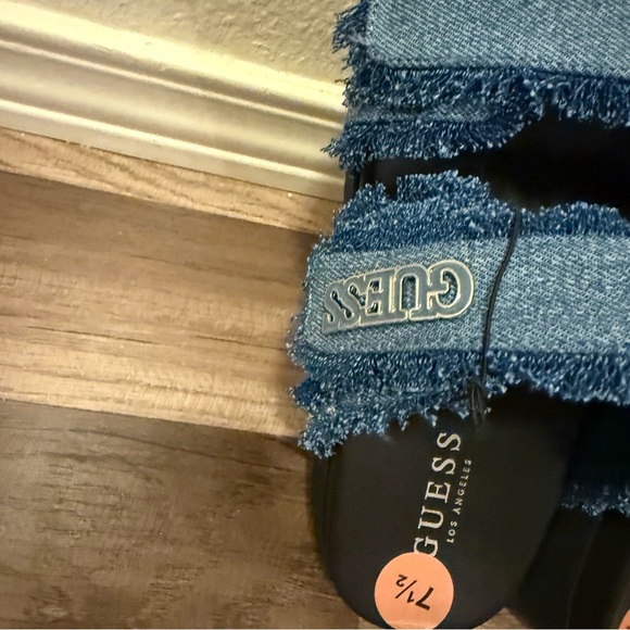 Guess Blue Denim Frayed Slide Sandals - Picture 9 of 13